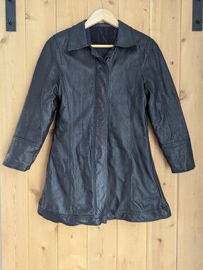Classic Black Leather Women's Button-Front Coat